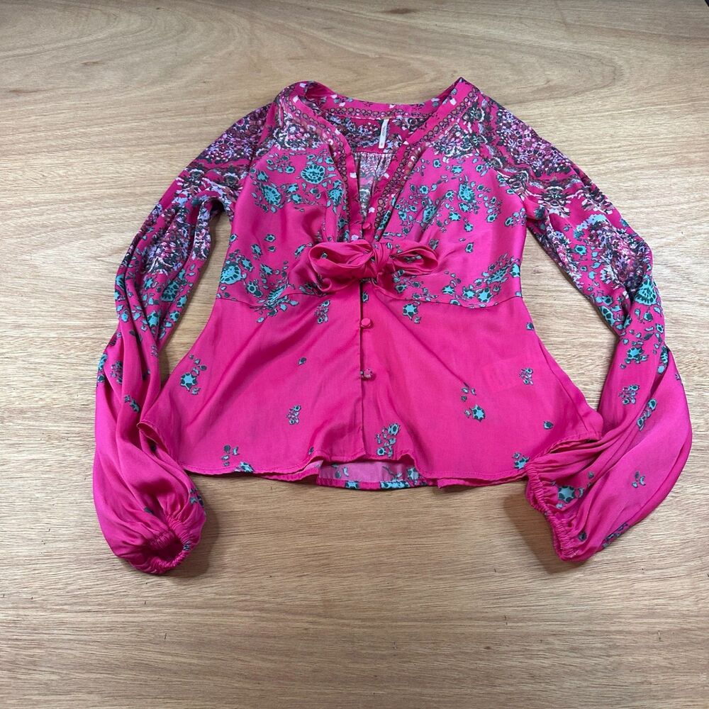 Free People Pink Floral Tie Front Crop Blouse Boho Balloon Sleeve S